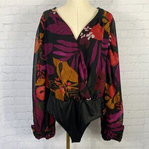 NWT Black Purple Floral Sheer Wrap Bodysuit Bat Wing Balloon Sleeves Size L